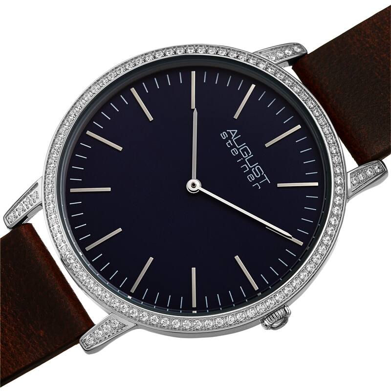 August Steiner Men's Classic Crystal Leather Strap Watch - Brown/Silver