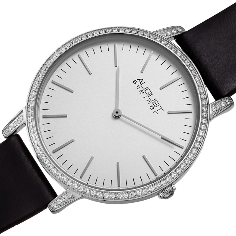 August Steiner Men's Classic Crystal Leather Strap Watch - Black/Silver