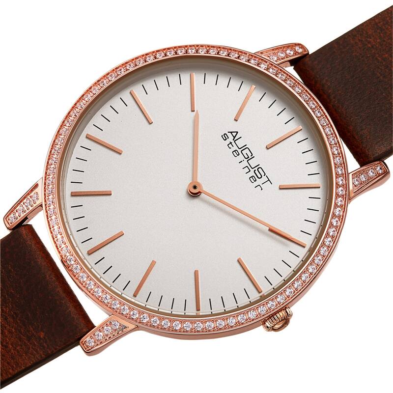 August Steiner Men's Classic Crystal Leather Strap Watch - Brown/Rose