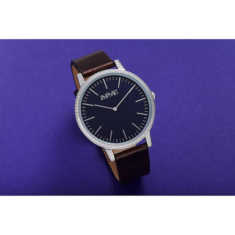 August Steiner Men's Classic Crystal Leather Strap Watch