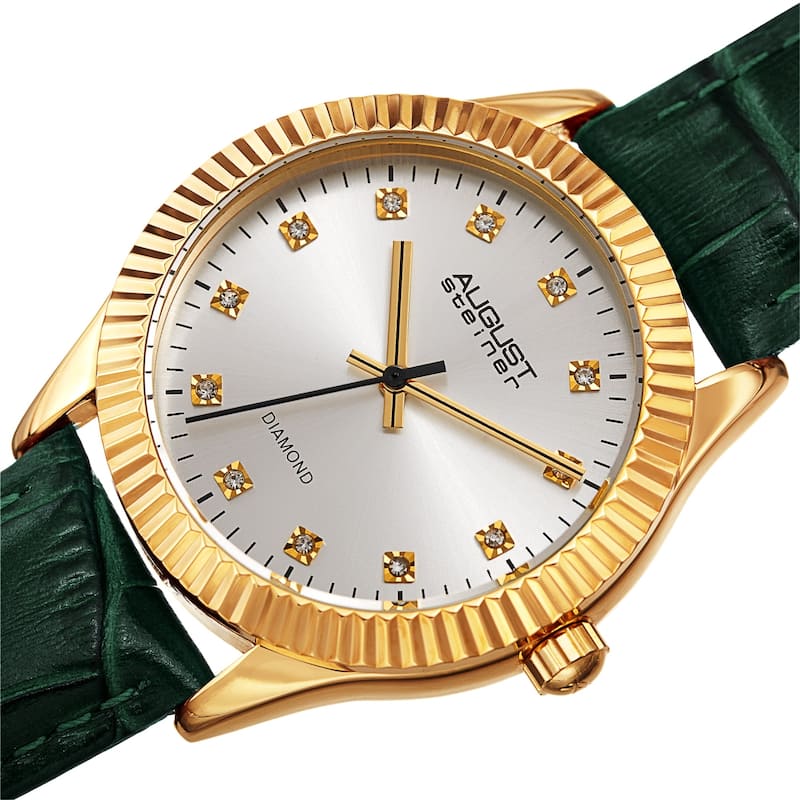 August Steiner Women's Diamond Radiant Leather Strap Watch - Green
