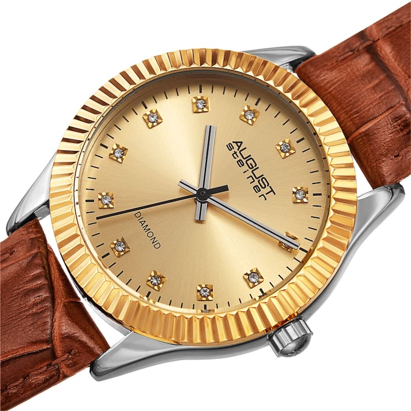 August Steiner Women's Diamond Radiant Leather Strap Watch - Tan