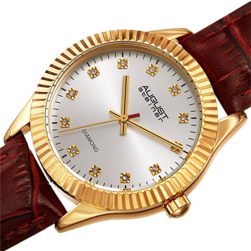 August Steiner Women's Diamond Radiant Leather Strap Watch - Red