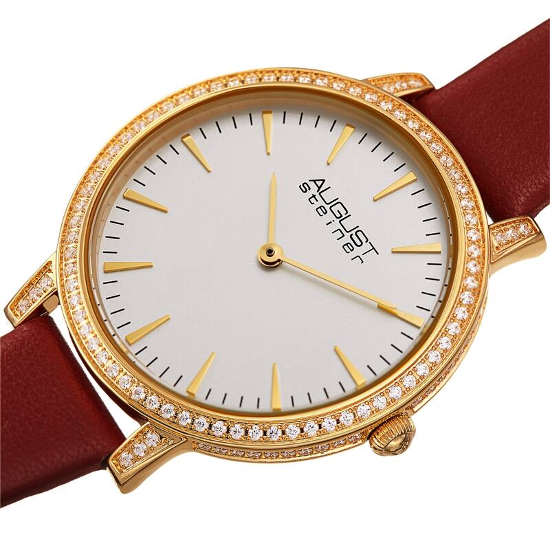 August Steiner Women's Classic Crystal Leather Strap Watch - Red