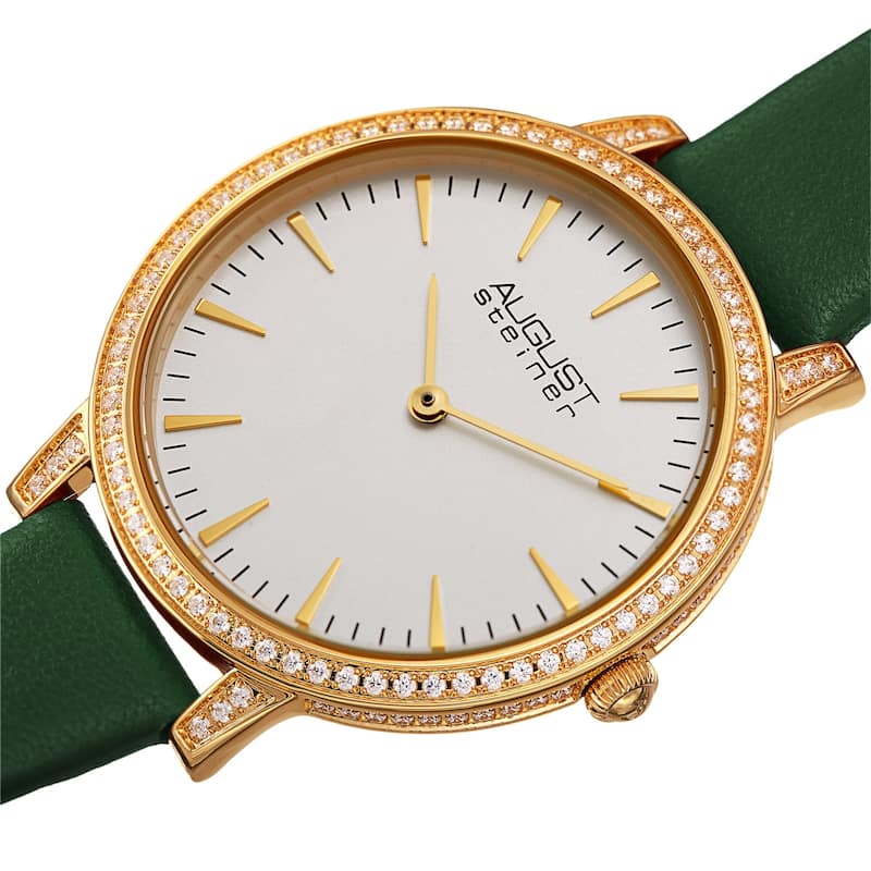 August Steiner Women's Classic Crystal Leather Strap Watch - Green