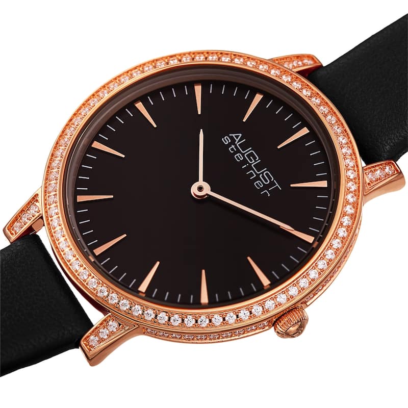 August Steiner Women's Classic Crystal Leather Strap Watch - Black/Rose