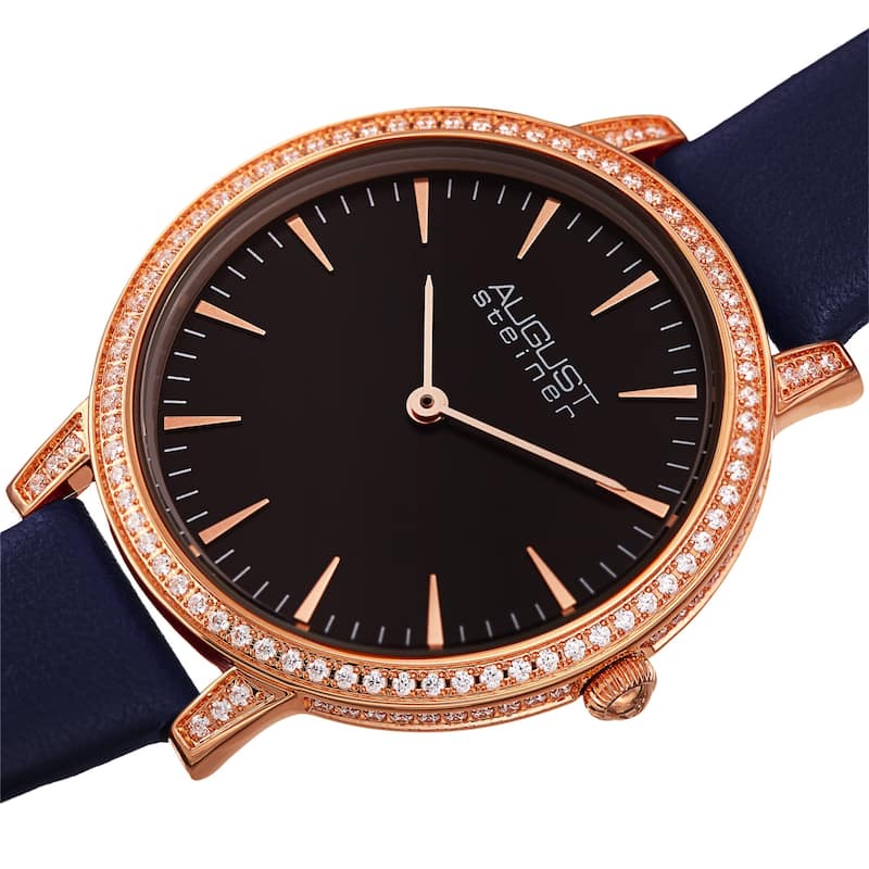 August Steiner Women's Classic Crystal Leather Strap Watch - Blue