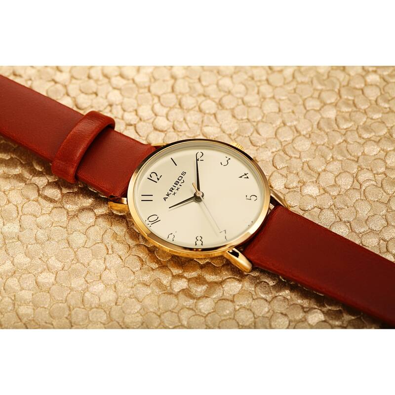Akribos XXIV Ladies Classic Petite Pencil Style Leather Strap Watch