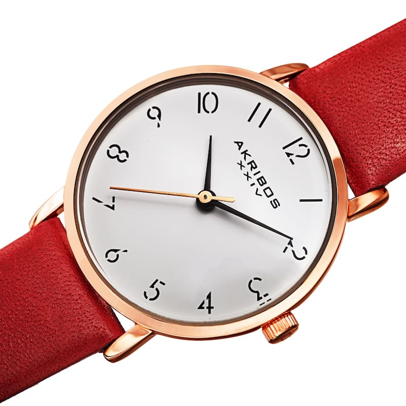 Akribos XXIV Ladies Classic Petite Pencil Style Leather Strap Watch - Red