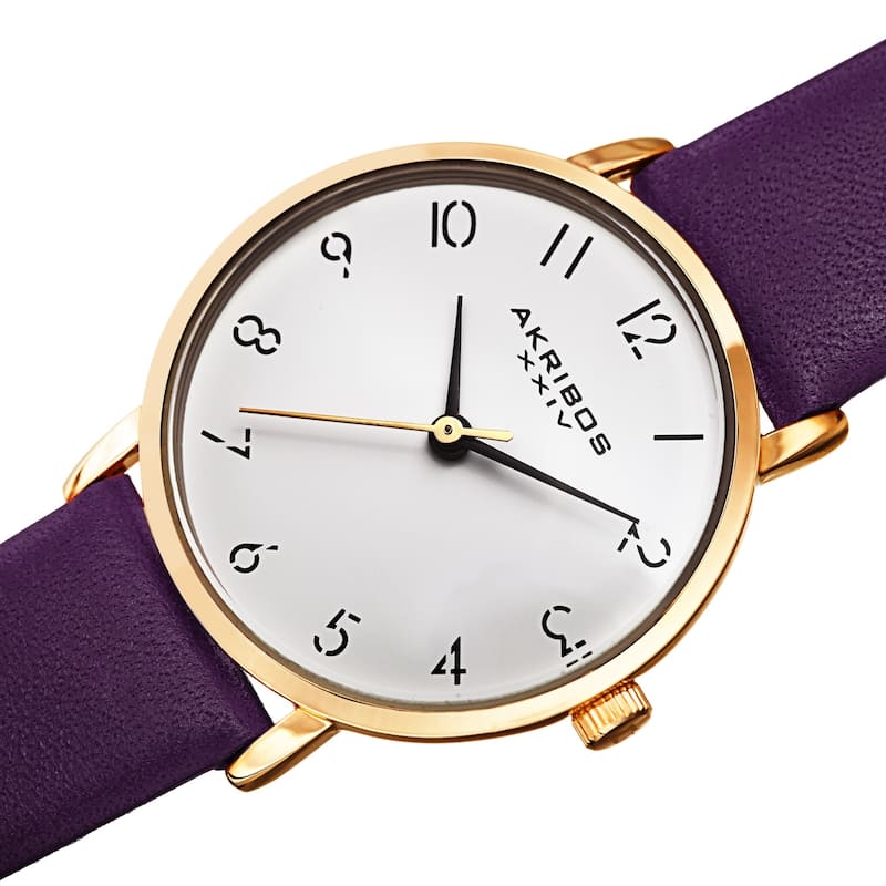 Akribos XXIV Ladies Classic Petite Pencil Style Leather Strap Watch - Purple
