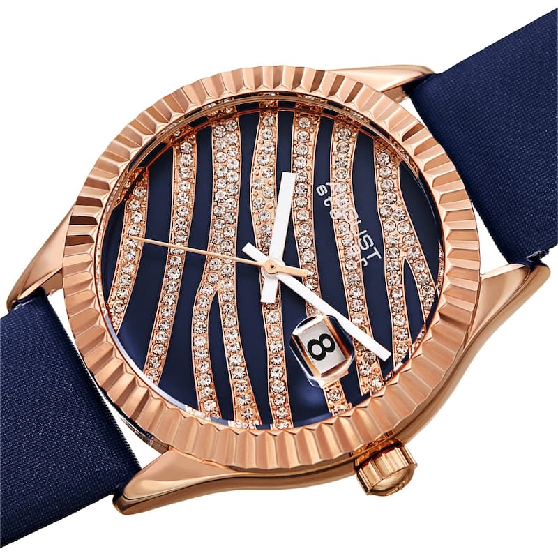 August Steiner Women's Zebra Crystal Grooved Satin Strap Watch - Blue