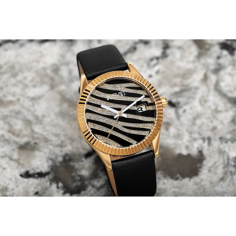 August Steiner Women's Zebra Crystal Grooved Satin Strap Watch