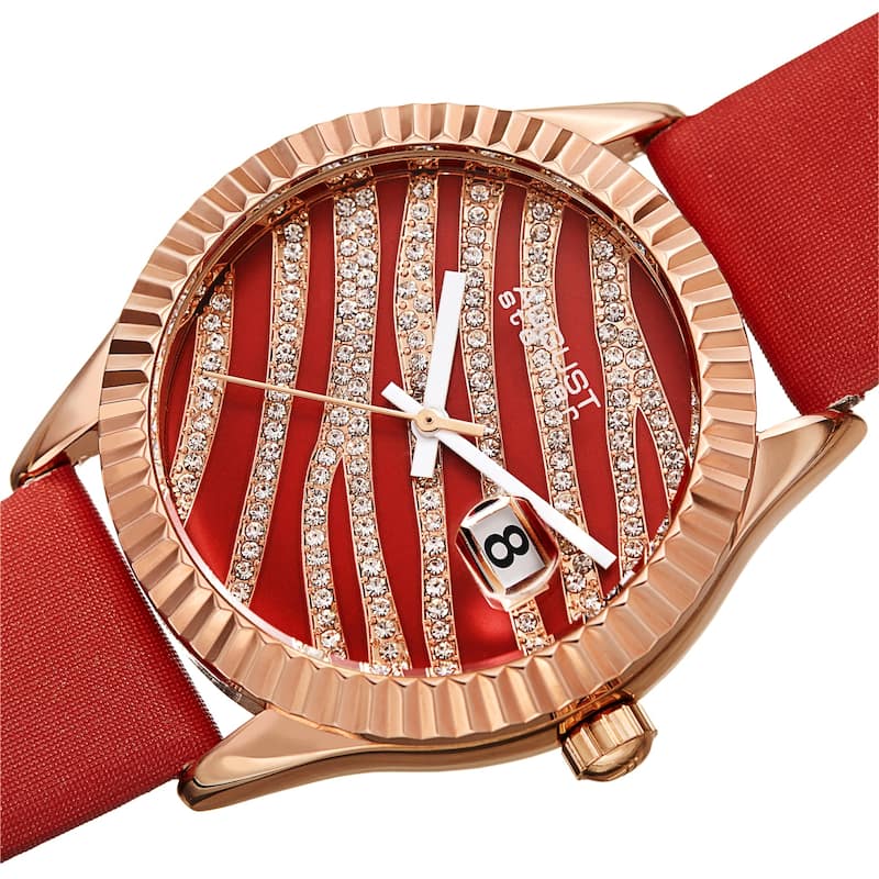 August Steiner Women's Zebra Crystal Grooved Satin Strap Watch - Red