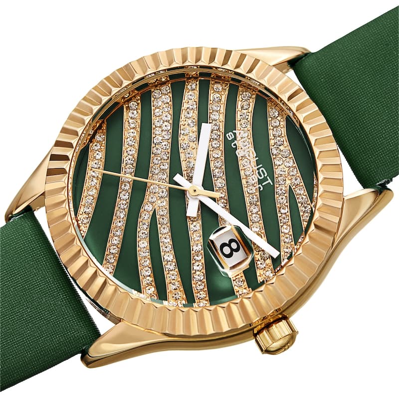 August Steiner Women's Zebra Crystal Grooved Satin Strap Watch - Green