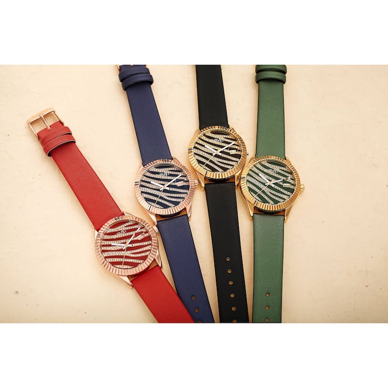 August Steiner Women's Zebra Crystal Grooved Satin Strap Watch