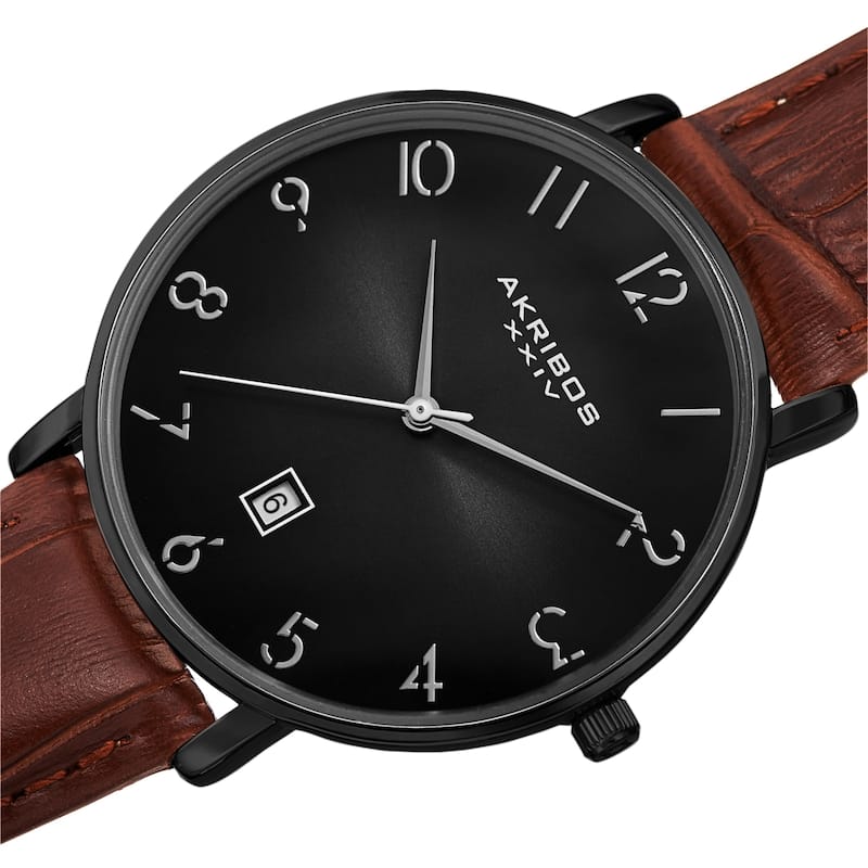 Akribos XXIV Men's Classic Date Embossed Leather Strap Watch - Black