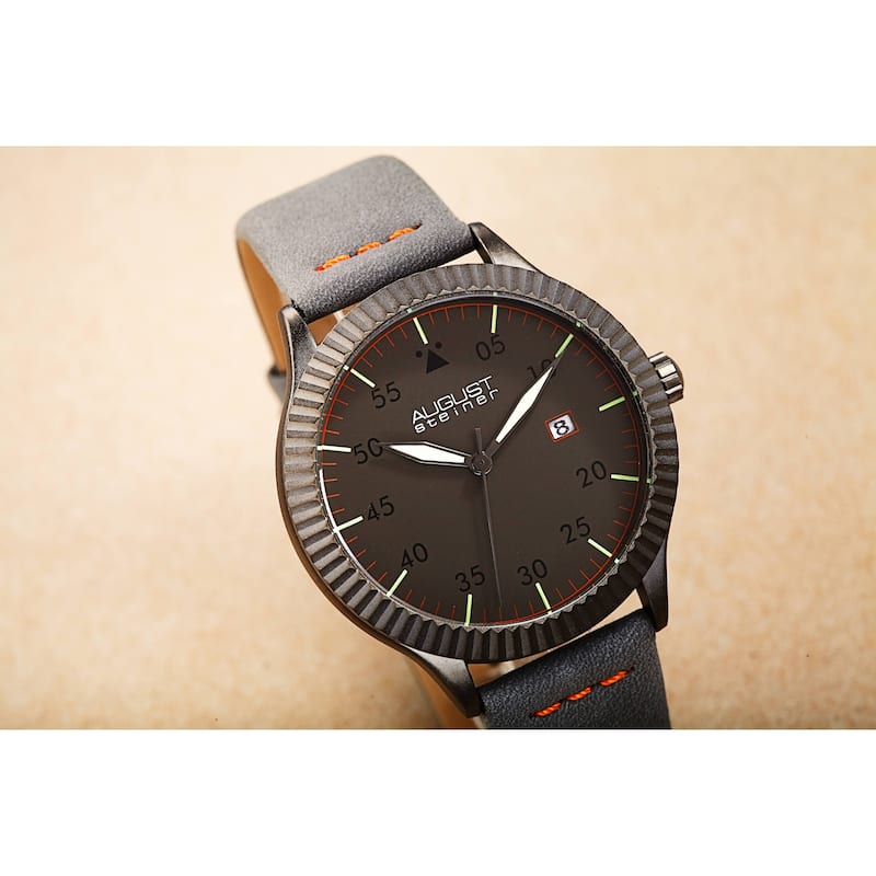 August Steiner Men's Pilot Style Grooved Leather Strap Watch