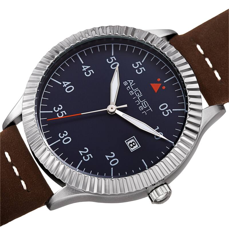 August Steiner Men's Pilot Style Grooved Leather Strap Watch - Brown