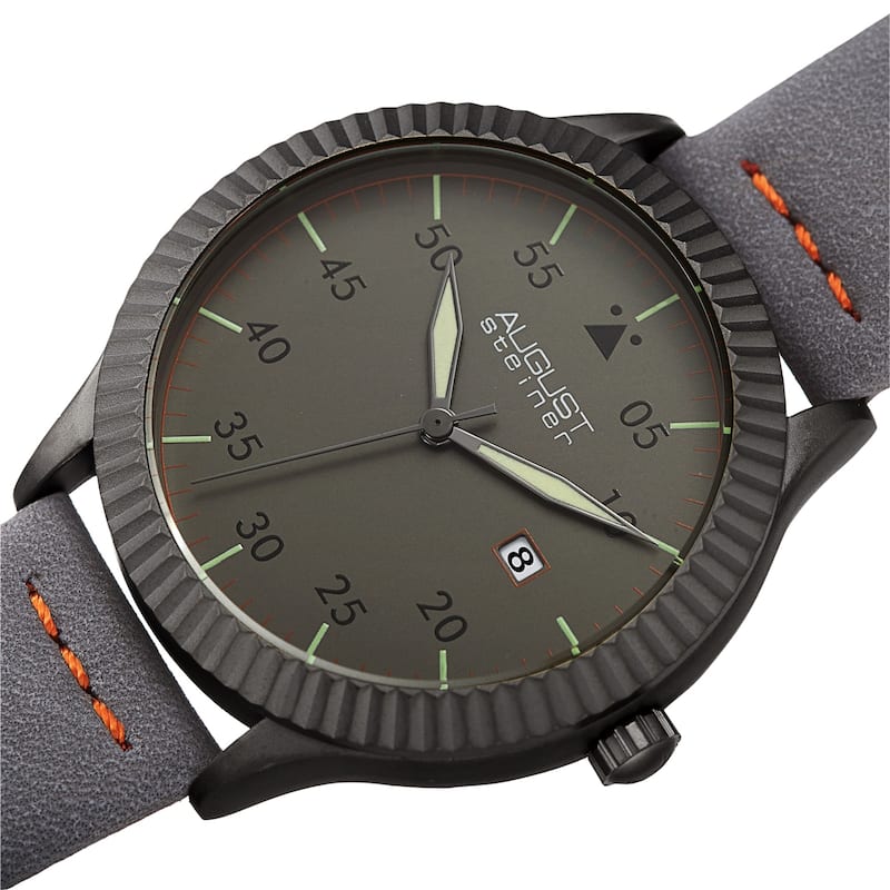 August Steiner Men's Pilot Style Grooved Leather Strap Watch - Grey
