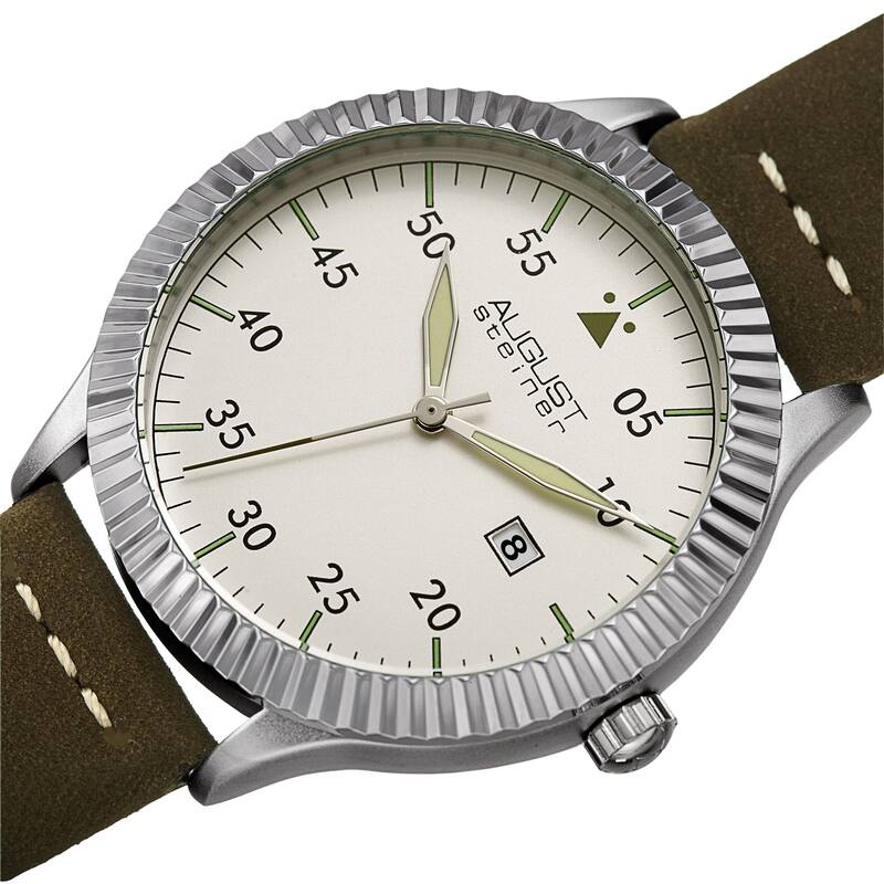 August Steiner Men's Pilot Style Grooved Leather Strap Watch - Green
