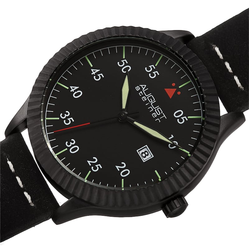 August Steiner Men's Pilot Style Grooved Leather Strap Watch - Black