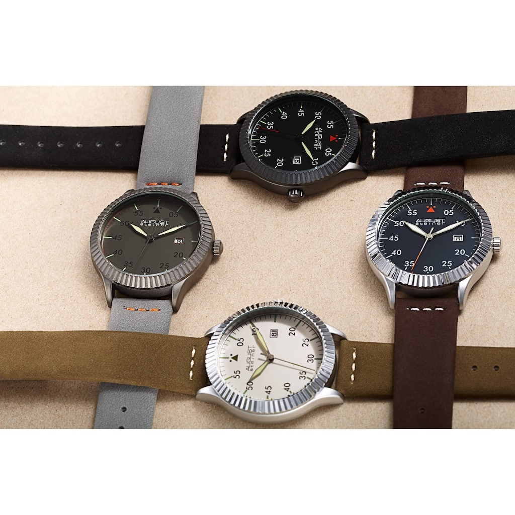 August Steiner Men's Pilot Style Grooved Leather Strap Watch