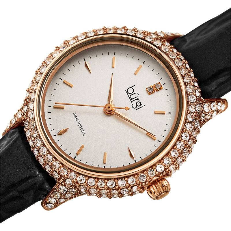 Burgi Women's Dazzling Diamond Swarovski Crystal Leather Strap Watch - Black