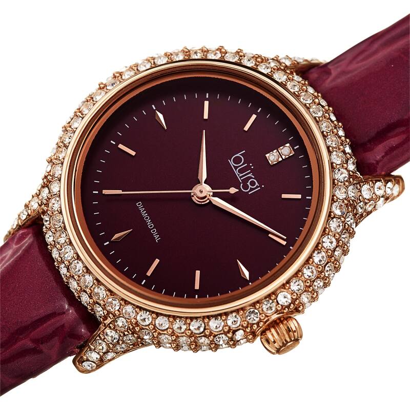 Burgi Women's Dazzling Diamond Swarovski Crystal Leather Strap Watch - Purple