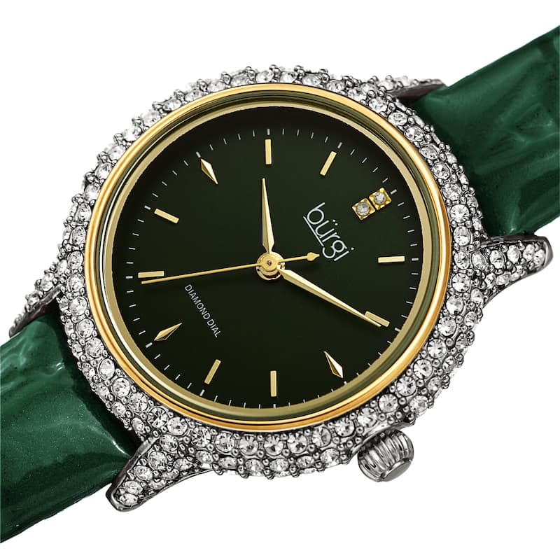 Burgi Women's Dazzling Diamond Swarovski Crystal Leather Strap Watch - Green