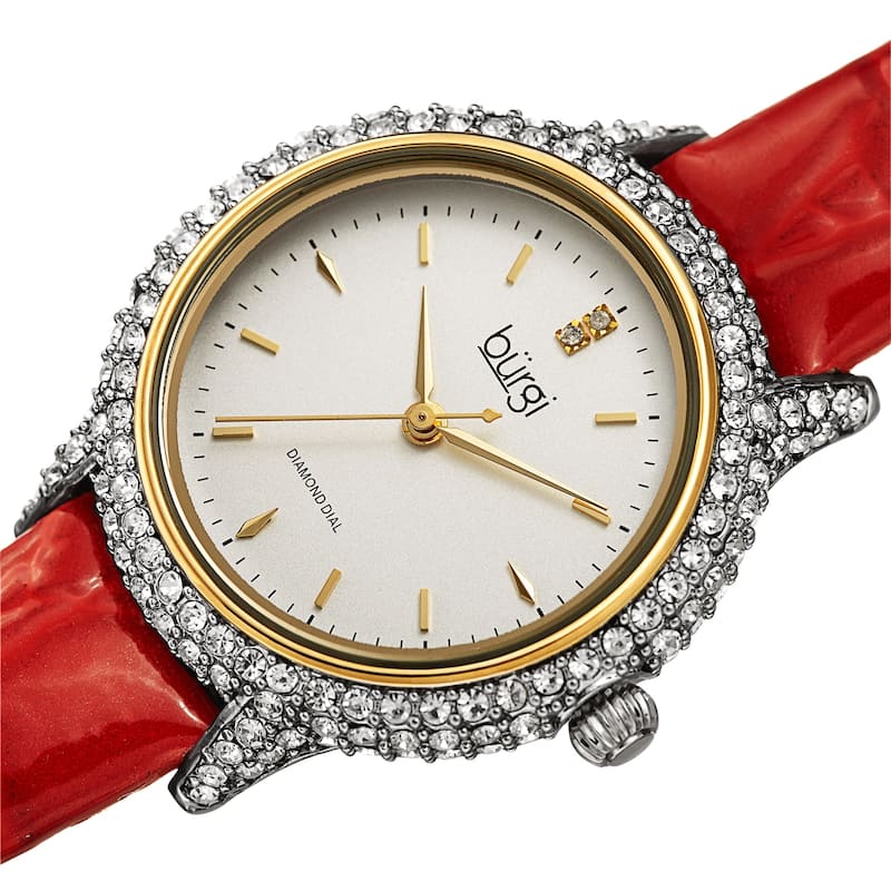 Burgi Women's Dazzling Diamond Swarovski Crystal Leather Strap Watch - Red