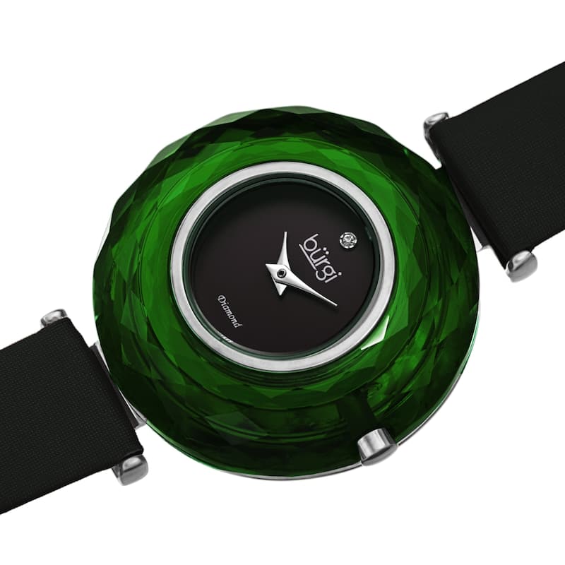 Burgi Women's Eye-Catching Diamond Faceted Case Satin Leather Strap Watch - Green