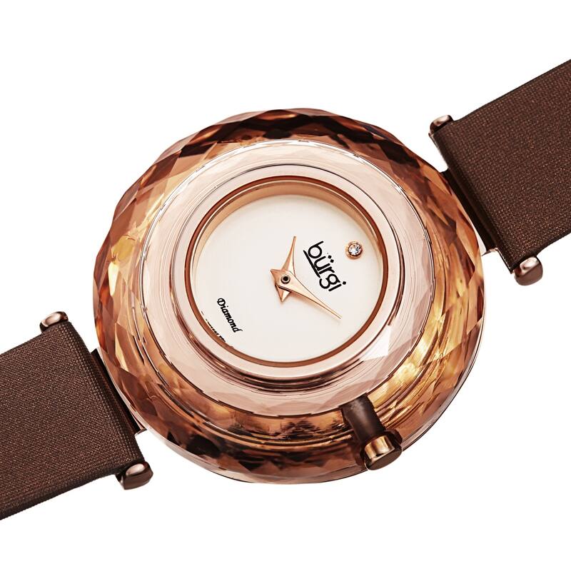 Burgi Women's Eye-Catching Diamond Faceted Case Satin Leather Strap Watch - Brown