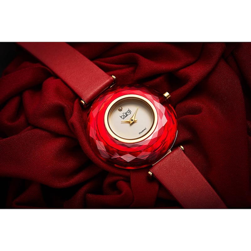 Burgi Women's Eye-Catching Diamond Faceted Case Satin Leather Strap Watch
