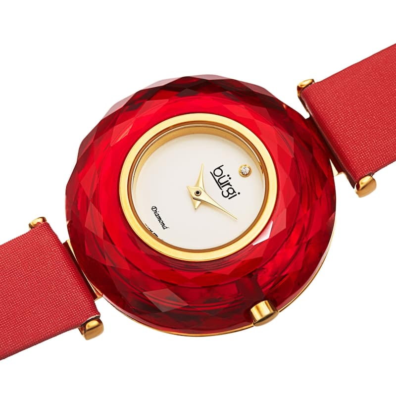 Burgi Women's Eye-Catching Diamond Faceted Case Satin Leather Strap Watch - Red