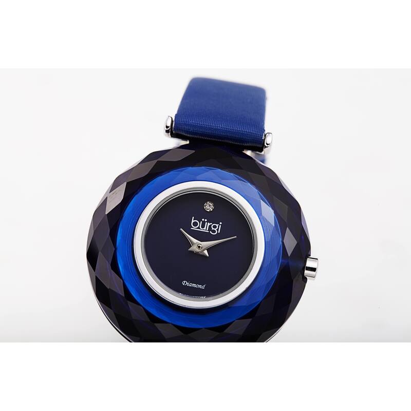 Burgi Women's Eye-Catching Diamond Faceted Case Satin Leather Strap Watch