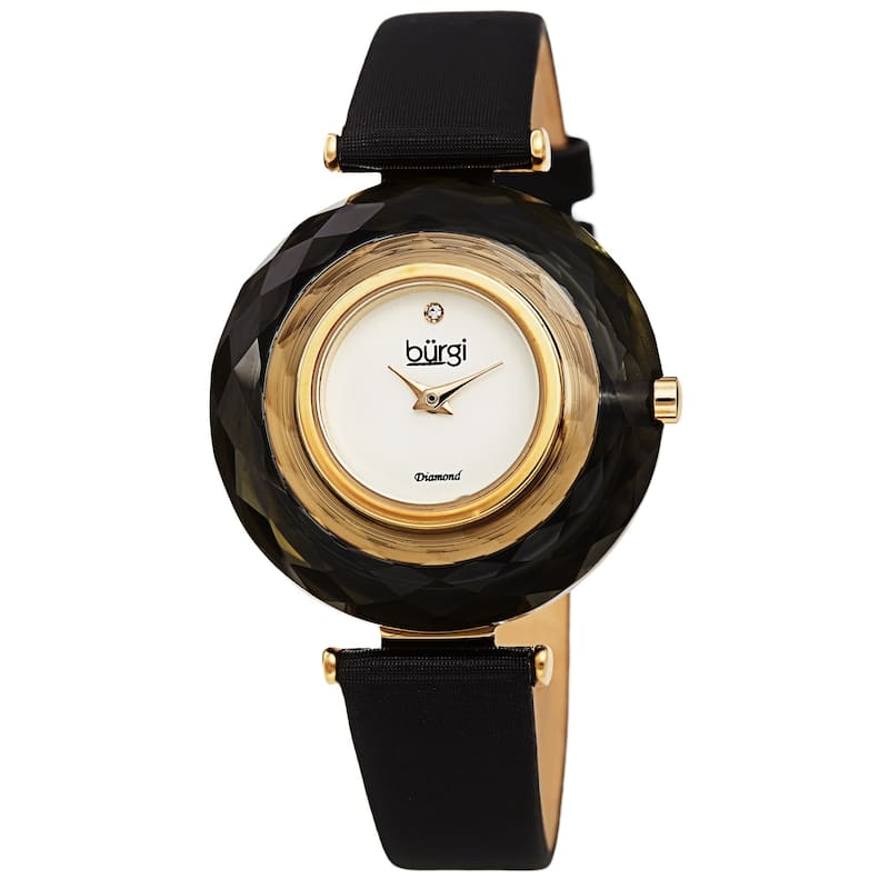 Burgi Women's Eye-Catching Diamond Faceted Case Satin Leather Strap Watch