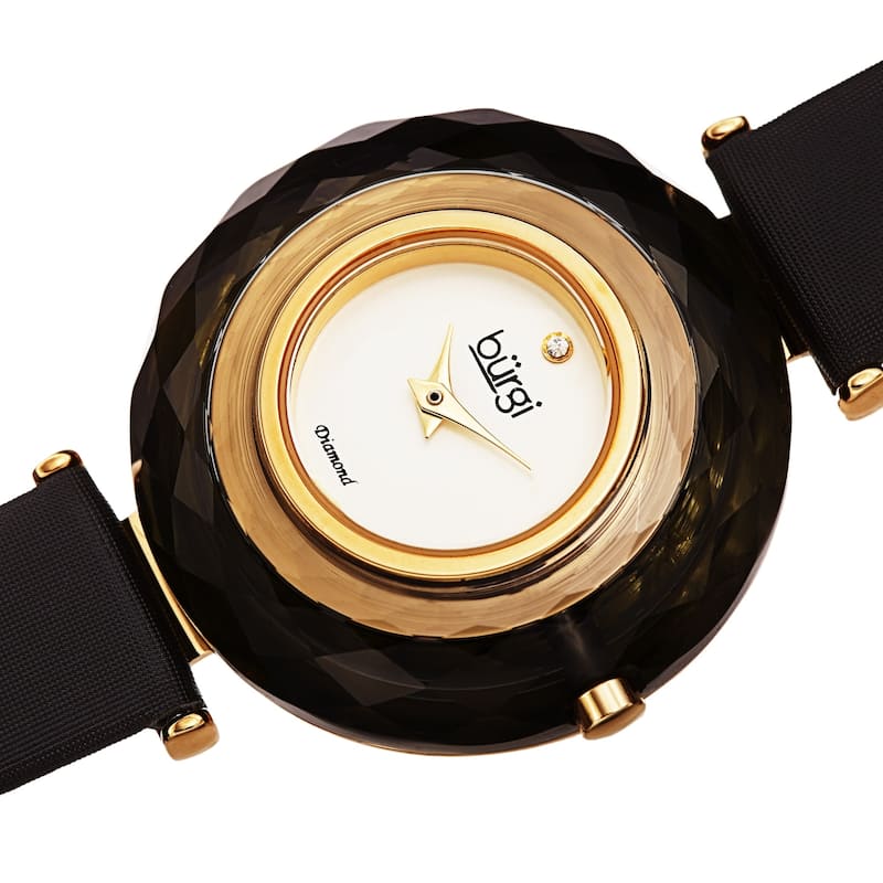 Burgi Women's Eye-Catching Diamond Faceted Case Satin Leather Strap Watch - Black