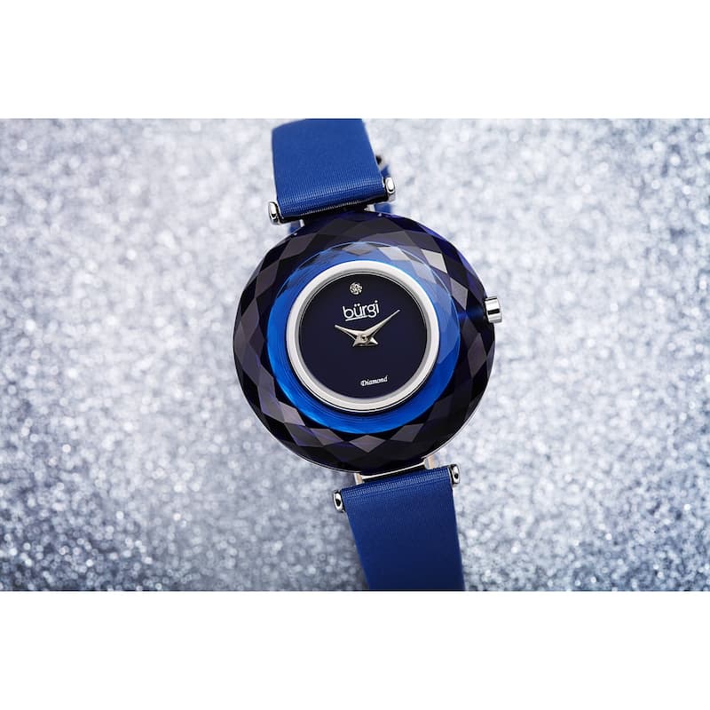 Burgi Women's Eye-Catching Diamond Faceted Case Satin Leather Strap Watch