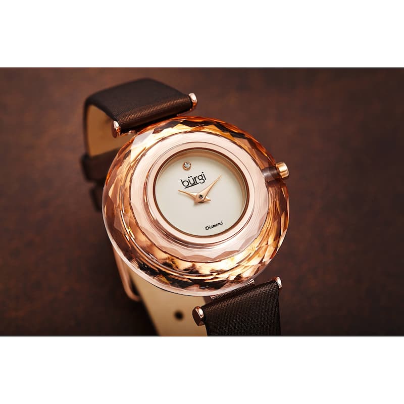 Burgi Women's Eye-Catching Diamond Faceted Case Satin Leather Strap Watch