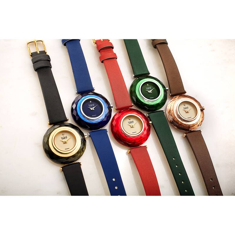 Burgi Women's Eye-Catching Diamond Faceted Case Satin Leather Strap Watch