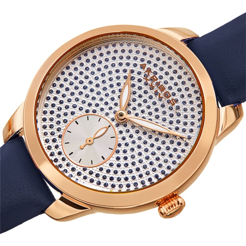 Akribos XXIV Women's Chic Glittered Dial Leather Strap Watch - Blue