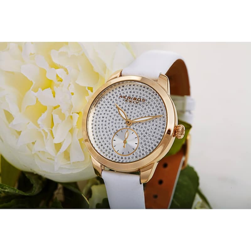 Akribos XXIV Women's Chic Glittered Dial Leather Strap Watch