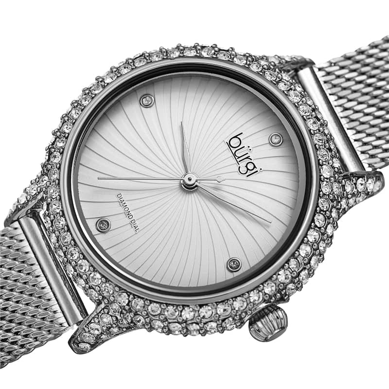 Burgi Women's Whirlwind Diamond Dial Mesh Strap Watch - Silver