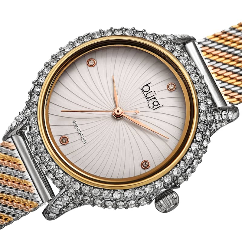 Burgi Women's Whirlwind Diamond Dial Mesh Strap Watch - Two-tone/White