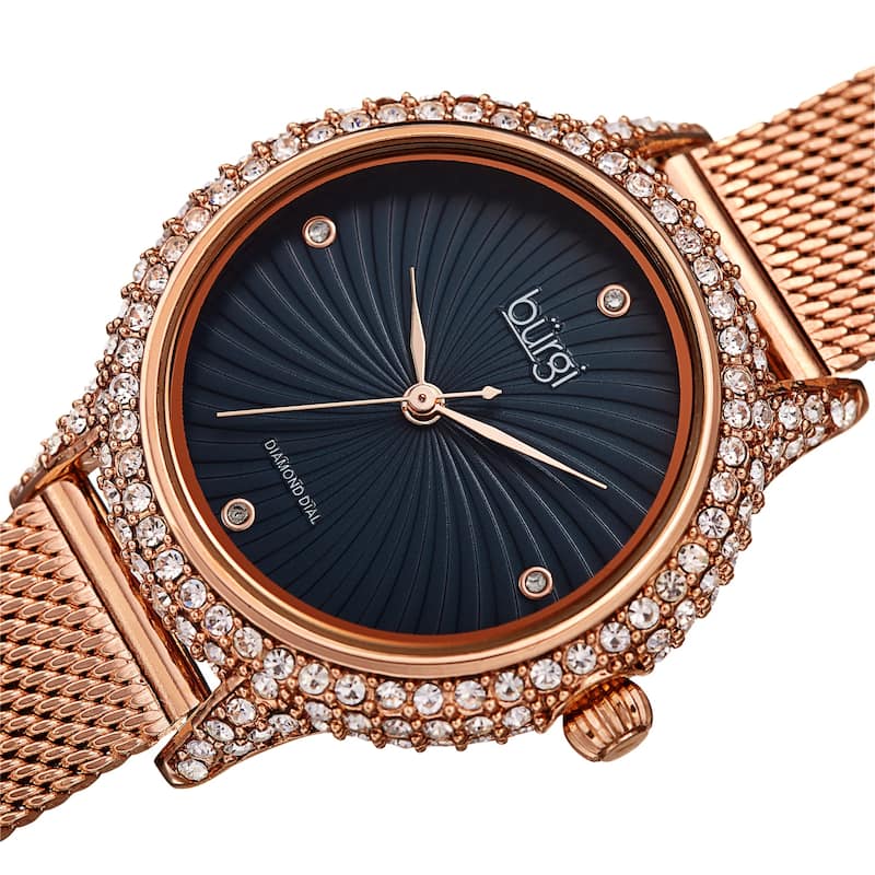 Burgi Women's Whirlwind Diamond Dial Mesh Strap Watch - Rose