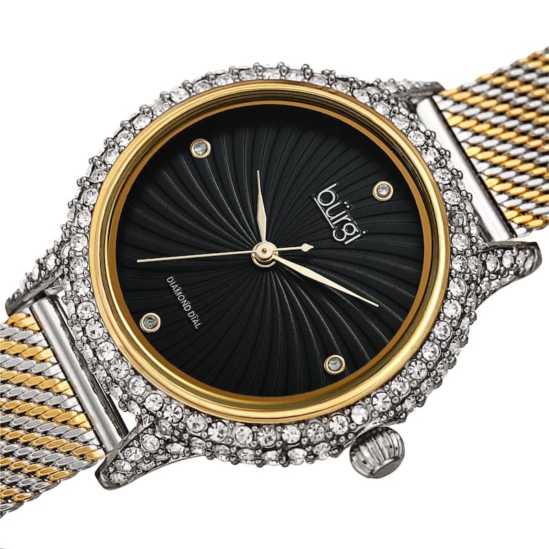 Burgi Women's Whirlwind Diamond Dial Mesh Strap Watch - Two-tone/Black