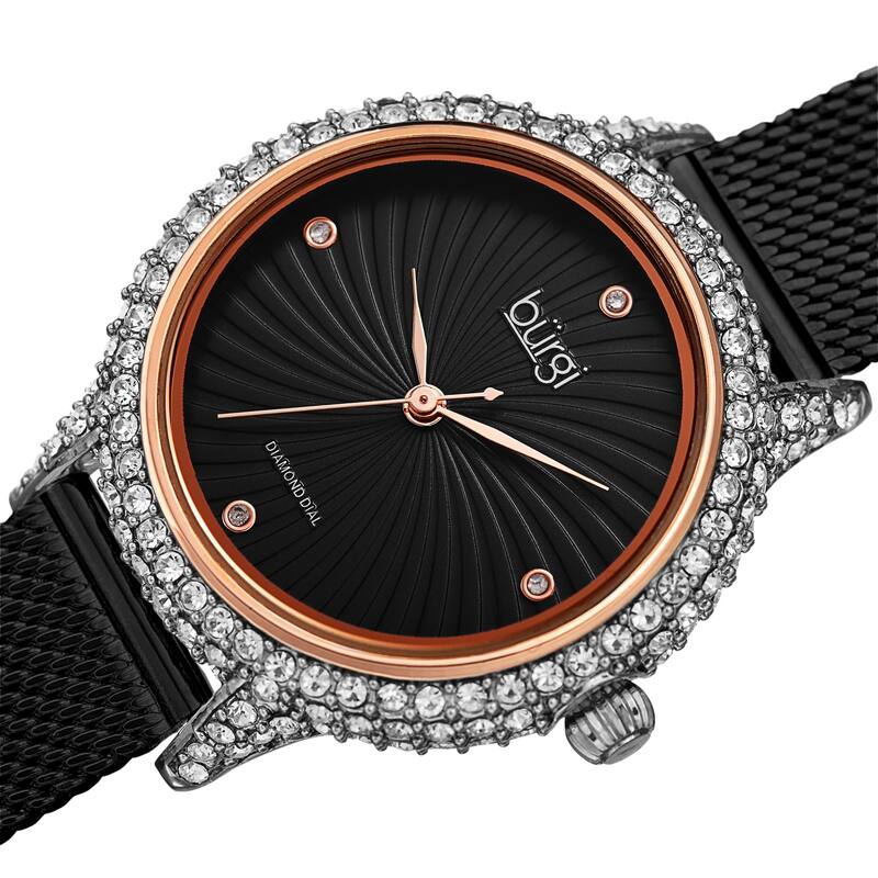 Burgi Women's Whirlwind Diamond Dial Mesh Strap Watch - Black
