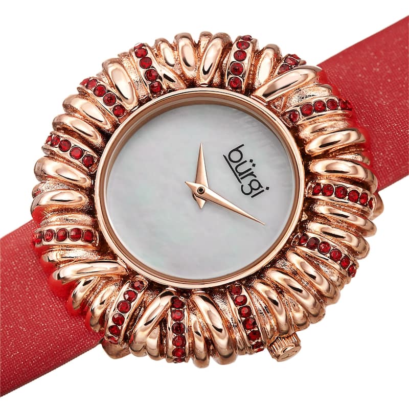 Burgi Women's Exotic Vibrant Ribbon Loop Satin Leather Strap Watch - Red