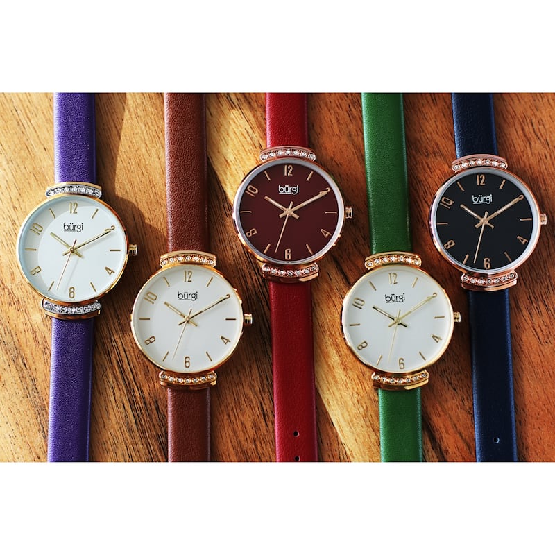 Burgi Women's Swarovski Crystal Classic Slim Leather Strap Watch