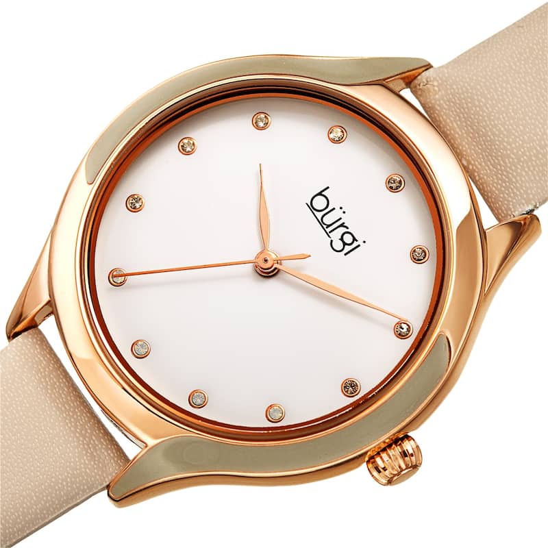 Burgi Women's Swarovski Crystal Elegant Leather Strap Watch - Cream